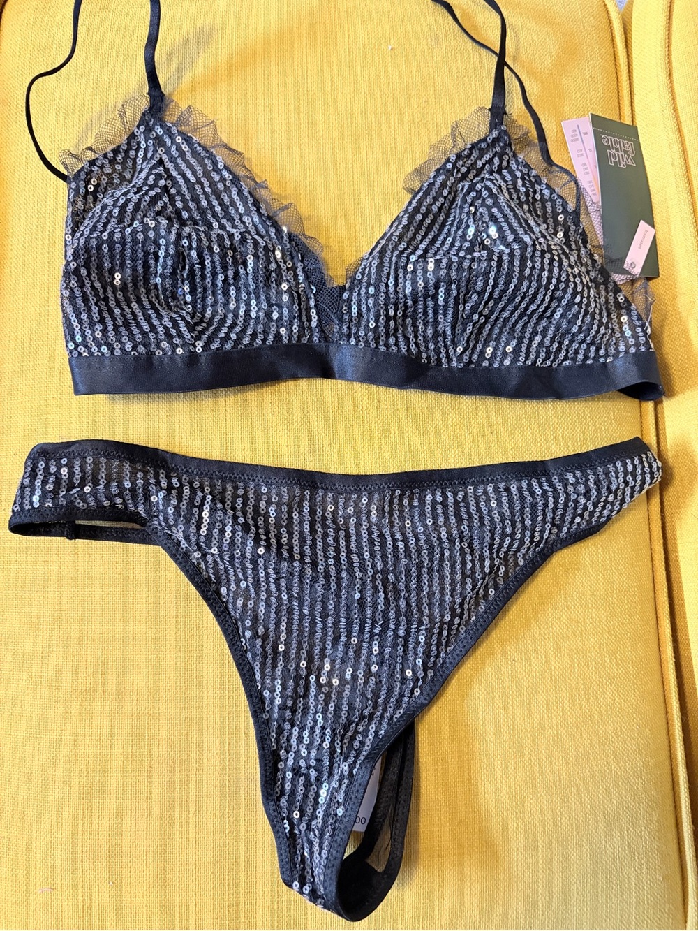 Sequin Lace-Trim Bralette & Thong Set - Black Medium